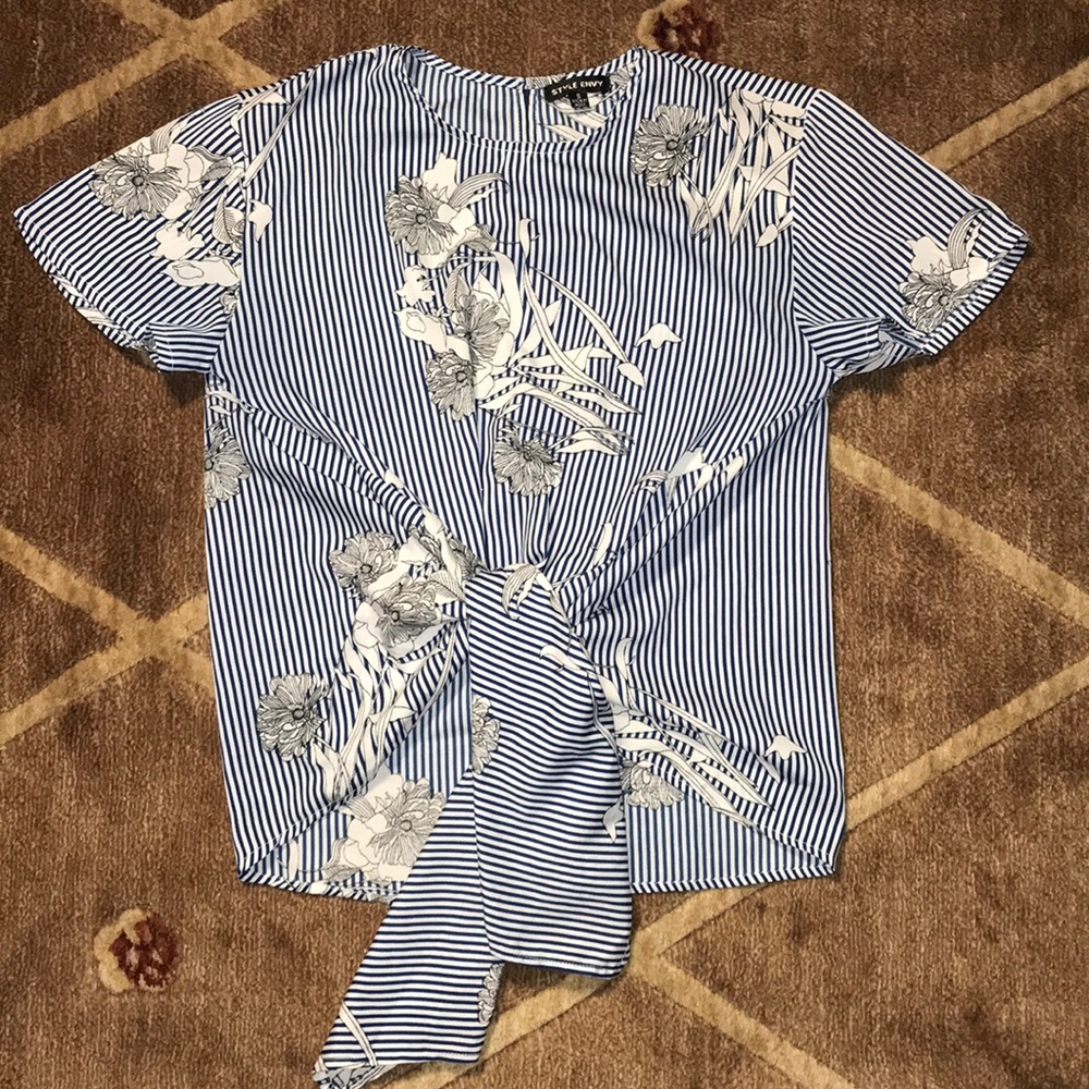 Front Tie Blue and White Striped Blouse•Size S•